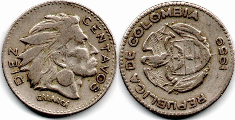 Colombia 10 Centavos 1959 Mint Error Rotated Dies. 135o XF