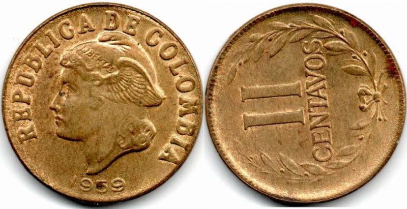 Colombia 2 Centavos 1959 Mint Error Rotated Dies. 135o Rare AU/UNC