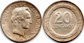 Colombia 20 Centavos 1945 B AU/UNC