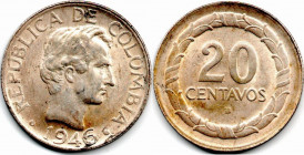 Colombia 20 Centavos 1946  B 6/6 AU/UNC