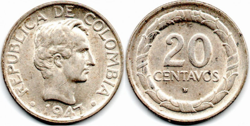 Colombia 20 Centavos 1947 B 7/5 AU/UNC
