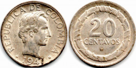 Colombia 20 Centavos 1947, Large 7 AU/UNC
