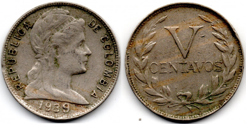 Colombia 5 Centavos 1939 Large 9 E:VF