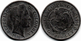 Colombia 5 Pesos 1919 Contemporary Countefeit in Lead VF