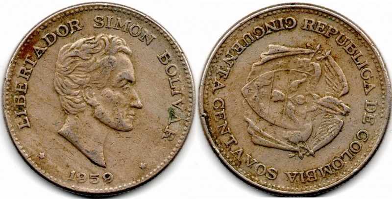 Colombia 50 Centavos 1959 Mint Error Rotated Dies 135o XF