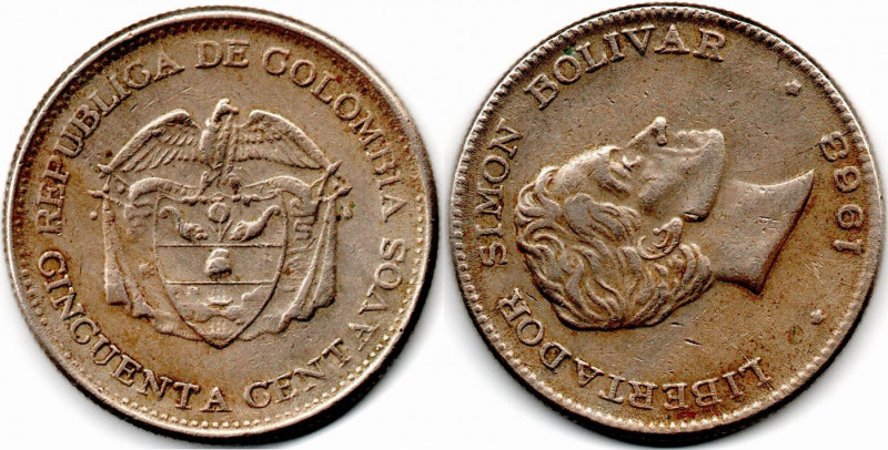 Colombia 50 Centavos 1963 Mint Error Rotated Dies. 135o degree rotated VF