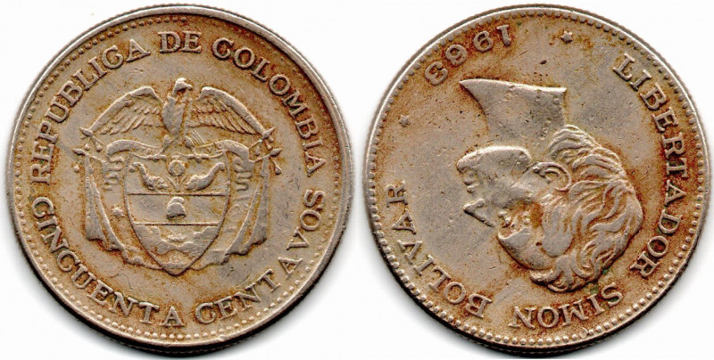 Colombia 50 Centavos 1963 Mint Error Rotated Dies. Almost Inverted XF