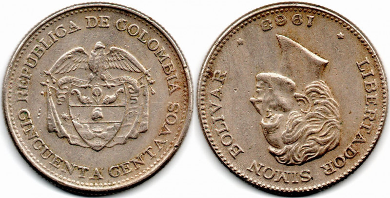 Colombia 50 Centavos 1963 Mint Error Rotated Dies. Inverted XF