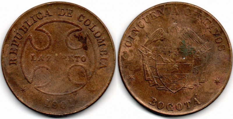 Colombia, Lazareto 50 Centavos 1901 Copper. Rare E:XF/AU