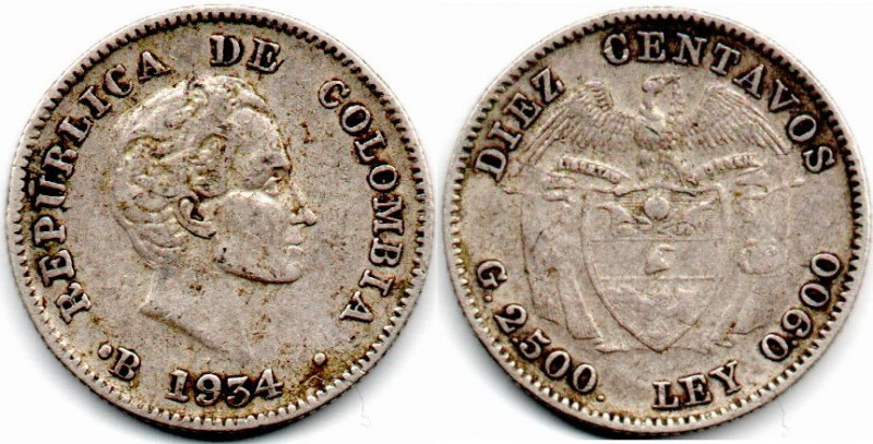 Colombia. 10 Centavos 1934 B Bogota, Obverse Mintmark E:VF