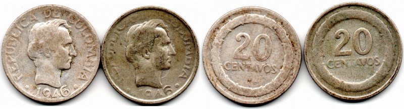 Colombia. 2 Pieces. 20 Centavos 1946 B & no B E:F
