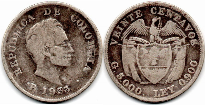 Colombia. 20 Centavos 1933 B Bogota, Obverse Mintmark E:F