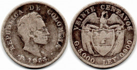 Colombia. 20 Centavos 1933 B Bogota, Obverse Mintmark