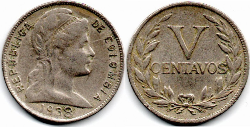 Colombia. 5 Centavos 1938 Large 8. Rare E:VF