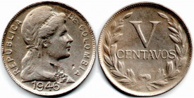 Colombia. 5 Centavos 1946 Large Date Mint Error, Laminated Planchet. Rare