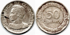 Colombia. 50 Centavos 1947 B Mint Error, Laminated Planchet. Rare