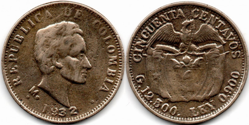 Colombia. Contemporary Counterfeit 50 Centavos 1932 M Medellin in Brass VF