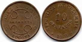 Colombia. Lazareto 10 Centavos 1901 AU/UNC