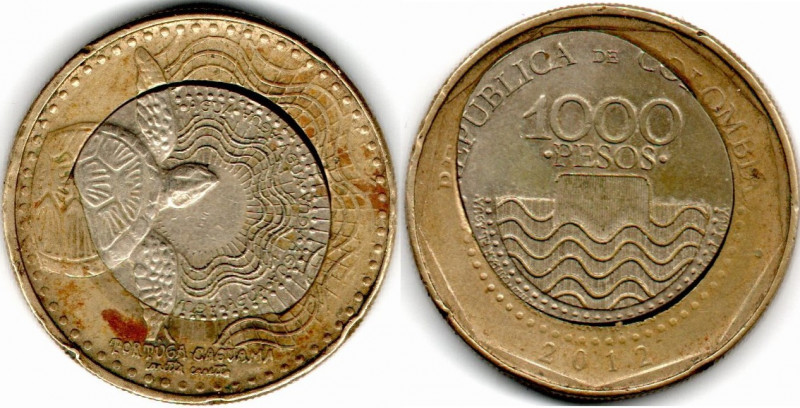 Colombia MINT ERROR 1000 Pesos 2012, Uncentered Center Very Rare