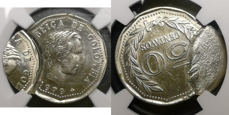 Colombia. MINT ERROR 50 Centavos 1979 Double Struck MS62 NGC