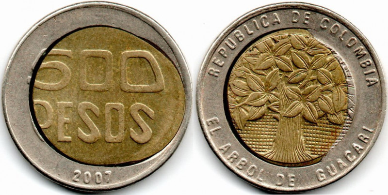 Colombia. MINT ERROR 500 Pesos 2007, Uncentered Center. XF