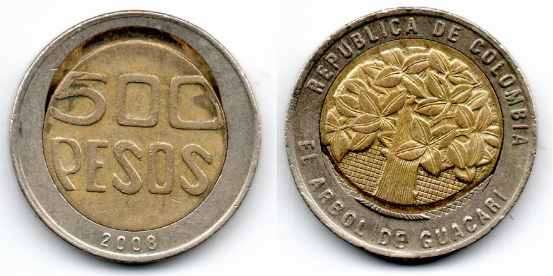 Colombia. MINT ERROR 500 Pesos 2008, Uncentered Center. Rare for this Date XF