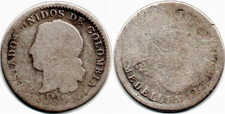 EEUU de Colombia 5 Centavos 1874 Medellin Very Rare E:G