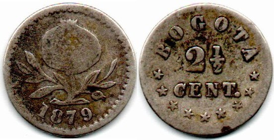 EEUU de Colombia. 2 1/2 Centavos 1879 Bogota E:XF