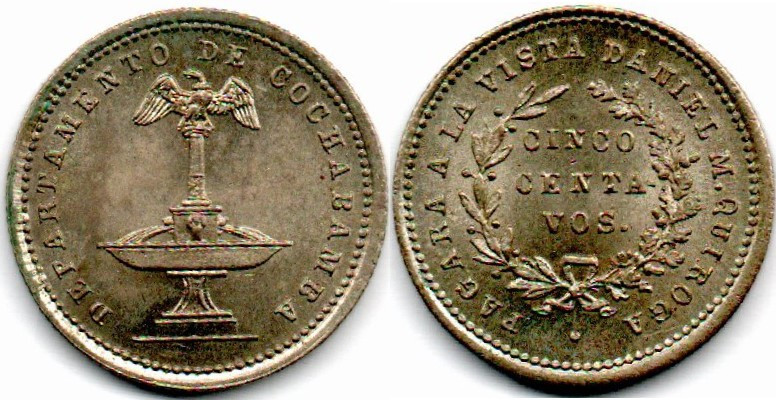 Bolivia 5 Centavos 1890s Cochamba UNC
