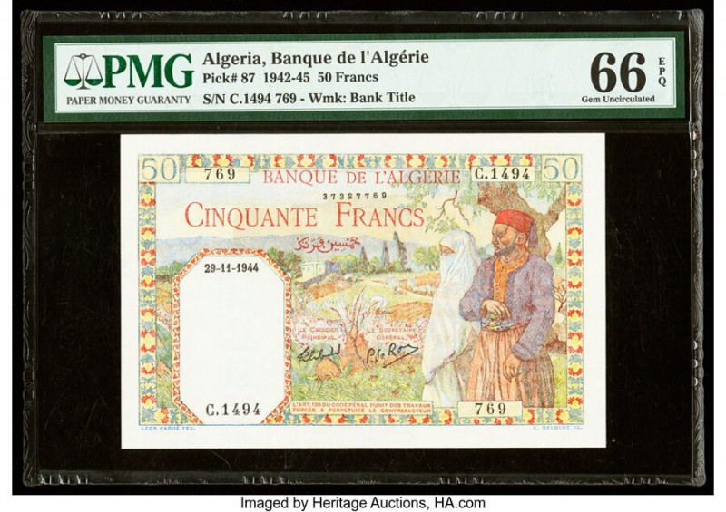 Algeria Banque de l'Algerie 50 Francs 1942-45 Pick 87 PMG Gem Uncirculated 66 EP...