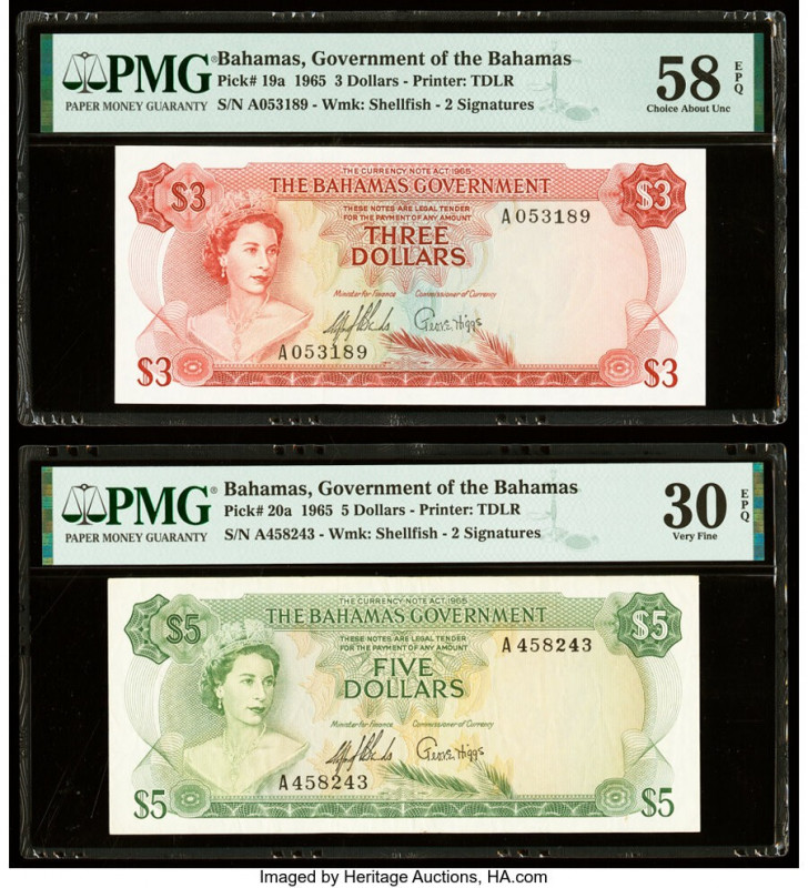 Bahamas Bahamas Government 3; 5 Dollars 1965 Pick 19a; 20a Two Examples PMG Choi...