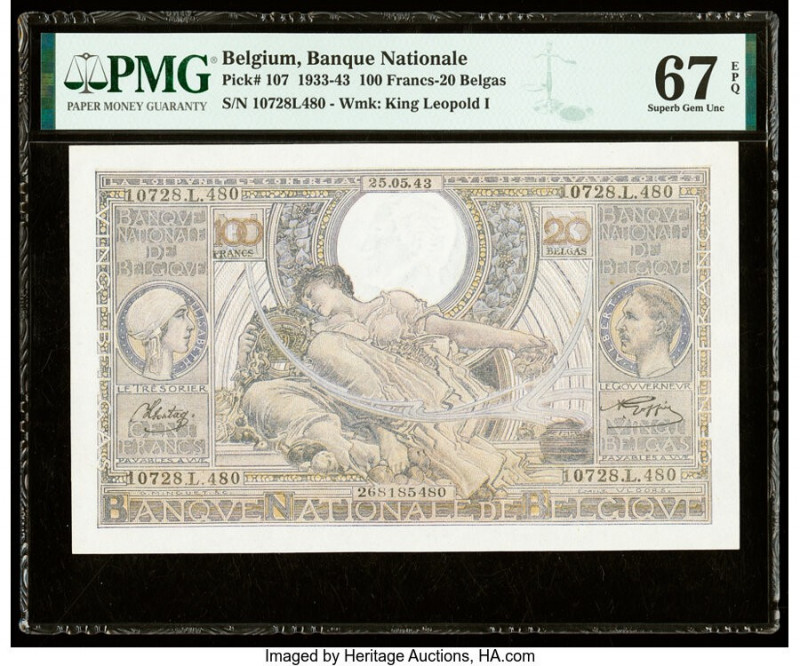 Belgium Banque Nationale de Belgique 100 Francs-20 Belgas 25.5.1943 Pick 107 PMG...