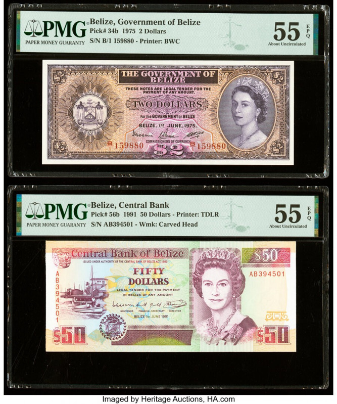 Belize Government of Belize 2; 50 Dollars 1.6.1975; 1.6.1991 Pick 34b; 56b Two E...
