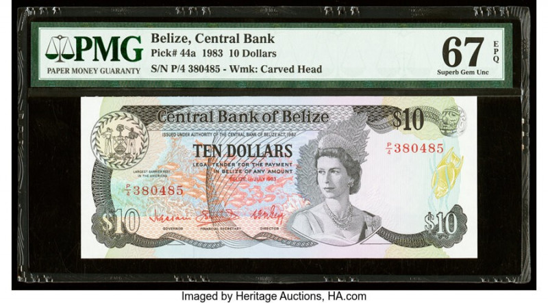 Belize Central Bank 10 Dollars 1.7.1983 Pick 44a PMG Superb Gem Unc 67 EPQ. 

HI...