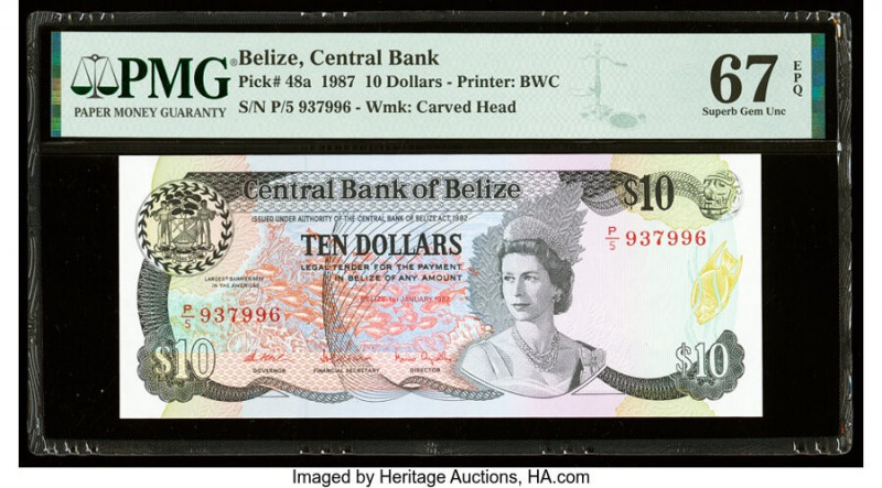 Belize Central Bank 10 Dollars 1.1.1987 Pick 48a PMG Superb Gem Unc 67 EPQ. 

HI...