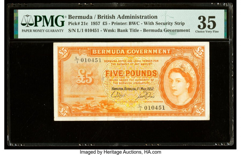 Bermuda Bermuda Government 5 Pounds 1.5.1957 Pick 21c PMG Choice Very Fine 35. 
...