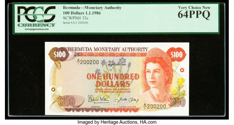Repeater Serial Bermuda Monetary Authority 100 Dollars 1.1.1986 Pick 33c PCGS Ve...