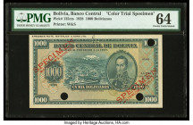 Bolivia Banco Central 1000 Bolivianos 20.7.1928 Pick 135cts Color Trial Specimen PMG Choice Uncirculated 64. Red Specimen overprints and three POCs ar...