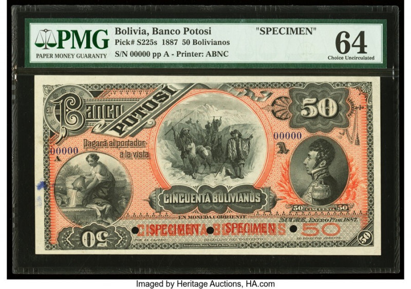 Bolivia Banco Potosi 50 Bolivianos 1.1.1887 Pick S225s Specimen PMG Choice Uncir...