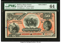 Bolivia Banco Potosi 50 Bolivianos 1.1.1887 Pick S225s Specimen PMG Choice Uncirculated 64. Three POCs are present, ink and pinholes. 

HID09801242017...