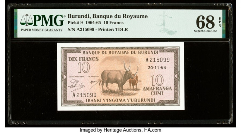 Burundi Banque du Royaume du Burundi 10 Francs 20.11.1964 Pick 9 PMG Superb Gem ...