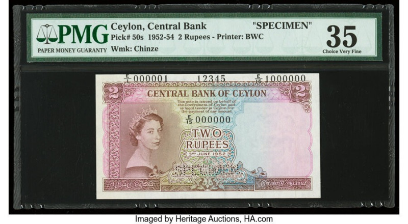 Ceylon Central Bank of Ceylon 2 Rupees 3.6.1952 Pick 50s Specimen PMG Choice Ver...