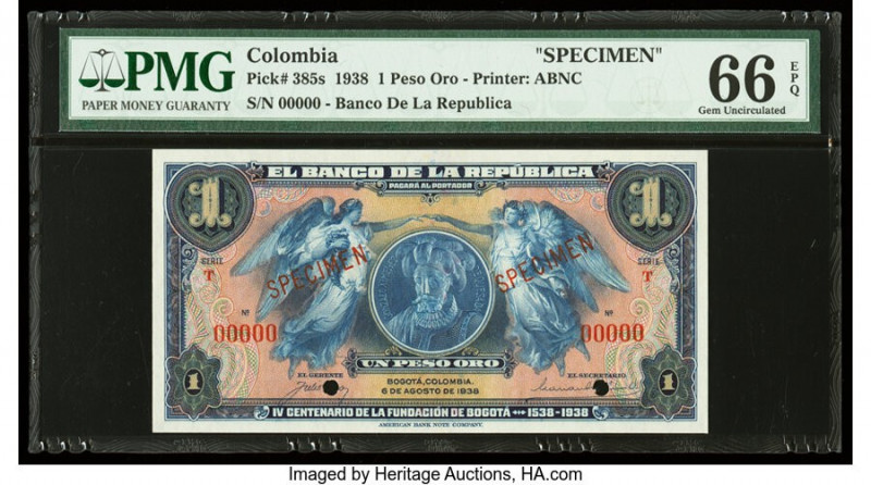 Colombia Banco de la Republica 1 Peso Oro 6.8.1938 Pick 385s Specimen PMG Gem Un...