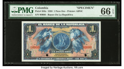 Colombia Banco de la Republica 1 Peso Oro 6.8.1938 Pick 385s Specimen PMG Gem Uncirculated 66 EPQ. Red Specimen overprints and two POCs are present on...