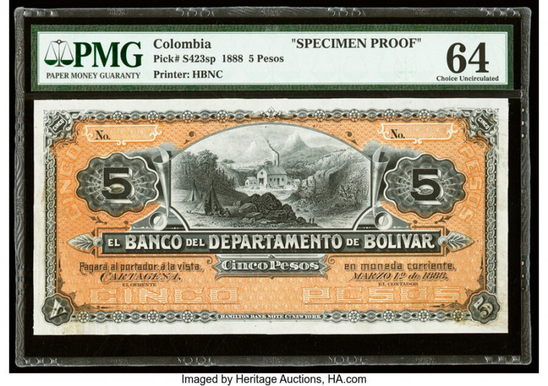 Colombia Banco del Departamento de Bolivar 5 Pesos 1.3.1888 Pick S423sp Specimen...