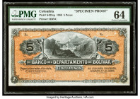Colombia Banco del Departamento de Bolivar 5 Pesos 1.3.1888 Pick S423sp Specimen Proof PMG Choice Uncirculated 64. Previous mounting is noted on this ...