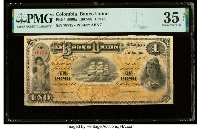 Colombia Banco Union 1 Peso 1887-88 Pick S866a PMG Choice Very Fine 35 Net. Repa...