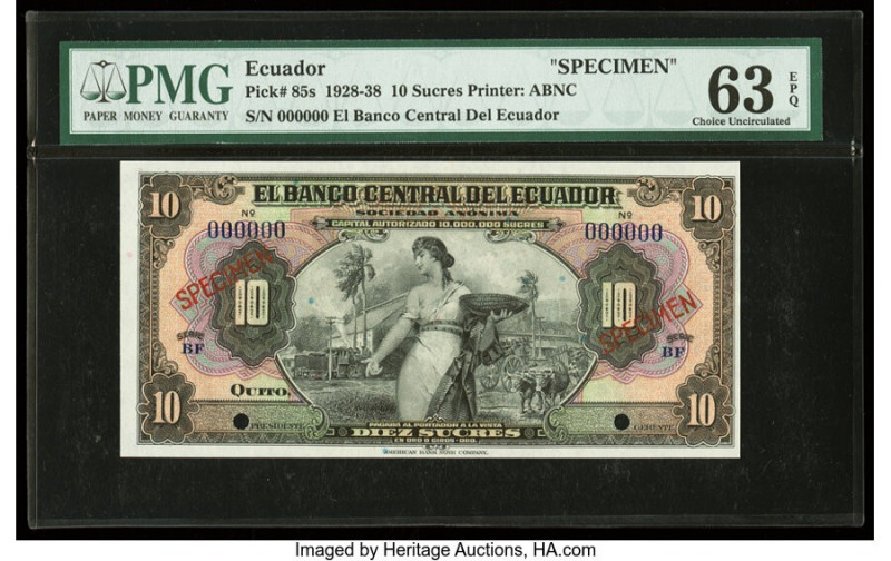 Ecuador Banco Central del Ecuador 10 Sucres 1928-38 Pick 85s Specimen PMG Choice...