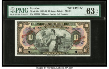 Ecuador Banco Central del Ecuador 10 Sucres 1928-38 Pick 85s Specimen PMG Choice Uncirculated 63 EPQ. Red Specimen overprints and two POCs are present...