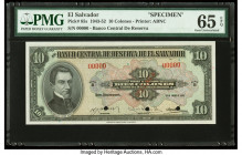 El Salvador Banco Central de Reserva de El Salvador 10 Colones 14.1.1943 Pick 85s Specimen PMG Gem Uncirculated 65 EPQ. Red Specimen overprints and th...